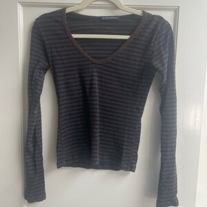 Brandy Melville Navy and Brown Striped Long Sleeve Top